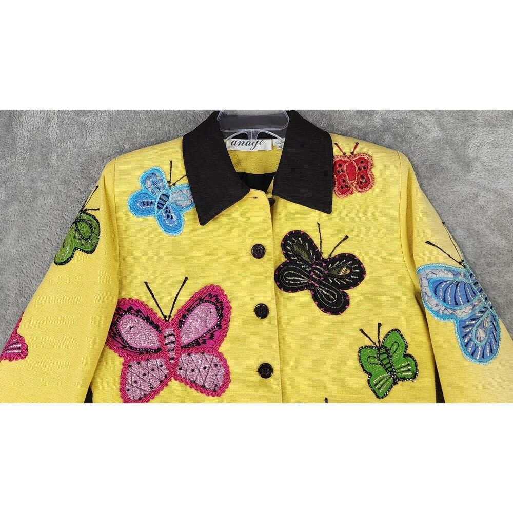 Anage Jacket Womens Small Yellow Black Butterfly Embroidered Button Up Vintage - Picture 7 of 9
